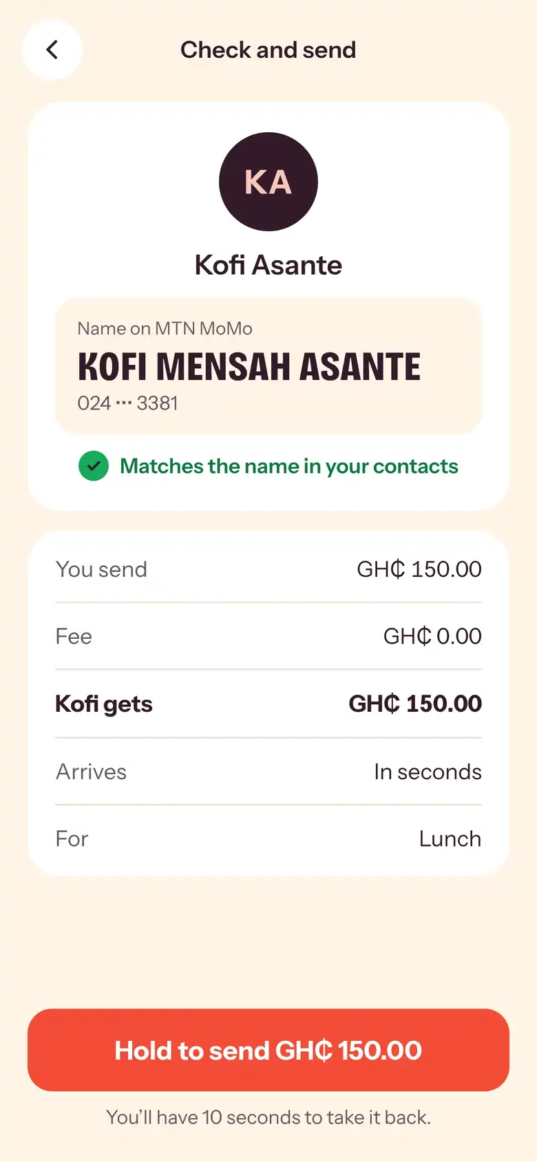 The Check and send screen shows the registered name, KOFI MENSAH ASANTE, before you pay GH₵ 150.00.